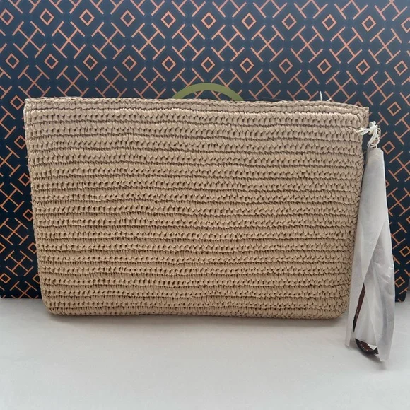 Tory Burch Thea Raffia Pouch Wristlet Bag Coffee Cream - Picture 2 of 11